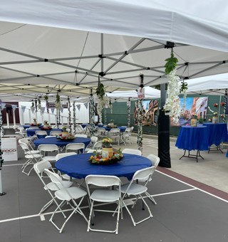 Tables under tents in the beer garden